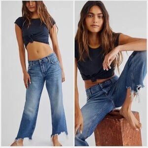 Free People Maggie Straight Leg Jeans Medium Wash Blue Button Fly Distress Sz 28